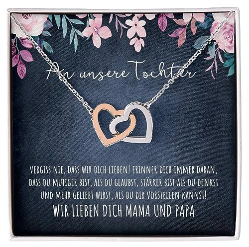 BYLITZ An meine Tochter Vergiss nie Doppelherz Karabiner Halskette mit personalisierter Karte und Geschenk- Box Kette mit Zirkonia zum Geburtstag Weihnachten