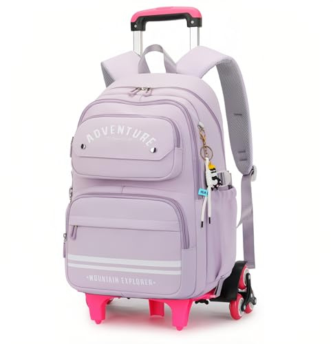 Rollrucksack für Mädchen, Rollrucksack mit Rollen, Kinder-Trolley, Schultasche, Rolltasche, 02 Lila, 6 Wheels, Rollrucksack