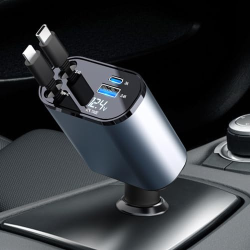AXFEE Einziehbares Auto Ladegerät, 4-in-1 Handy Schnellladegerät Auto Zigarettenanzünder SteckerAdapter Retractable Car Charger Kompatibel mit iPhone15/14/13/12/11/Galaxy S23/S22/Google Pixel7/8