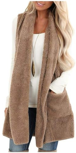 Gilet long en polaire uni pour femme - Manteau en velours double face - Cardigan en tricot sans manches - Veste en peluche avec poches - Veste en peluche thermique - Manteau d'hiver chaud - Sans