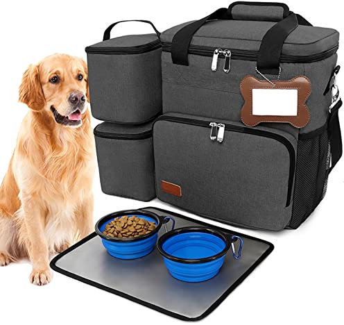 PJDDP Hunde-Reisetasche Für Aufbewahrung Von Hunde Artikel, Hundereisetaschen Mit 2 Hundefuttertaschen, 2 Faltbaren Näpfen Und Einem Abnehmbaren Tragegurt, Hundezubehör