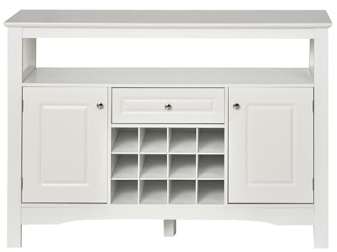 HOMCOM Aparador de Cocina Mueble Buffet Auxiliar con 1 Cajón 2 Puertas 1 Estante Abierto y Botellero para 12 Botellas Armario de Almacenamiento para Salón 116,5x40x82,5 cm Blanco