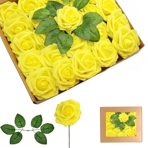 Rose Schiuma Giallo,Teste di Fiori Artificiali 25 Pezzi,Schiuma Teste di Rose Con Foglie,Rose Finte Schiuma,Rose Artificiali in Gommapiuma per Matrimonio Bouquet Sposa Torte DIY Cimitero Decorazioni