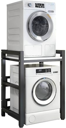 Support de sèche-linge réglable en hauteur – Kit d'empilage avec capacité de charge de 400 kg – Support de rangement pour lave-linge à chargement frontal et sèche-linge (cadre noir + blanc)
