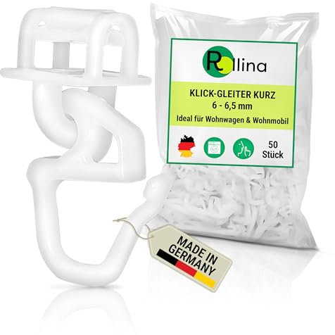 Rollina klick-Gleiter kurz (50 Stück) Gardinenhaken für Gardinenschiene mit 6-6,5 mm Innenlauf | Vorhang Haken für Wohnwagen Wohnmobil Caravan LKW