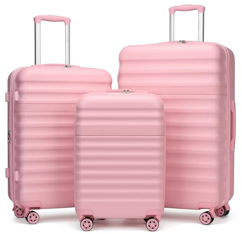 KONO Set Valigie da 3 Pezzi Valigia Bagaglio a Mano Trolley Valige ABS+PC Valigia 55cm + Valigia 65cm + Valigia 75cm con 4 Ruote e TSA Lucchetto, Rosa