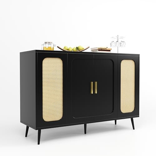 I0I&I0I Rattan-Schrank mit handgefertigten Türen, Viel Stauraum, MDF-Holz, Sideboard-Aufbewahrungsschrank, Freistehend, Modernes Design für Küche, Wohnzimmer und Zuhause (Schwarz, 120 x 35 x 89 cm)