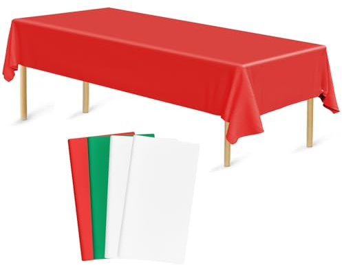 Bouiexye Confezione da 4 tovaglie usa e getta in plastica, colore rosso, verde scuro, bianco, 137 x 274 cm, tovaglie rettangolari per interni ed esterni, feste di Natale, compleanni, matrimoni