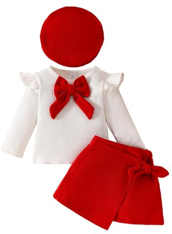 LUVCES Ensemble Jupe Bébé Fille Manches Longues à Volants Tricoté Tops à Nœud Papillon + Elegante Mini Jupe + Béret 3Pcs Automne Hiver Vêtements Tenues Rouge 2-3 Ans
