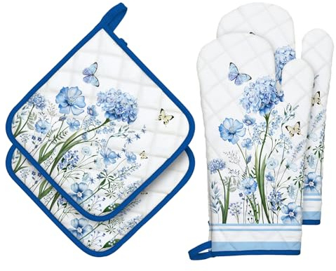 Arquiel Ofenhandschuh und Topflappen 4er Set, 100% Baumwolle Kochhandschuhe, Hitzebeständiger Küchenhandschuh Zum Kochen Backen Grillen Geschenk,Blaue Wildblumen