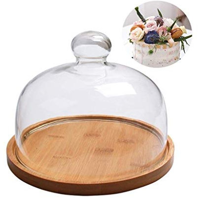 Scatola per dolci da 6/8/10 pollici per uso domestico, piatto per dolci in legno e coperchio in vetro, supporto per torta con cupola antipolvere per sandwich, vassoio per frutta, sushi, patatine e sal