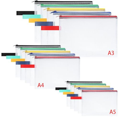 OFFCUP A3 A4 A5 filpåsar, 15 stycken vattentät dragkedja, mesh-dokumentpåse, bärbar dokumentpåse, plastpåse för kosmetiska kontor, resetillbehör