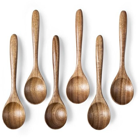 Hefild 6 PCS Wooden Spoons for Honey, 6.7 inch Small Wooden Spoons - Terrific for Tea, Coffee & Soup, Little Acacia Wood Serving Table Spoon Set, Bulk Bamboo Teaspoon for Eating with Unique Design
