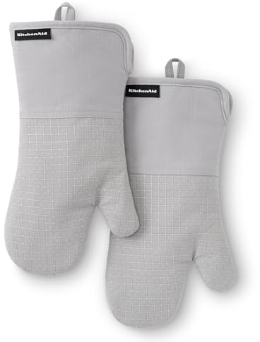 KITCHENAID Gourmet Series Gridlines Oven Mitts 2-Pack Set, Heat Resistant up to 600°F, Soft Silicone Grip, Magnetic Cuff, Matte Grey, 7x14