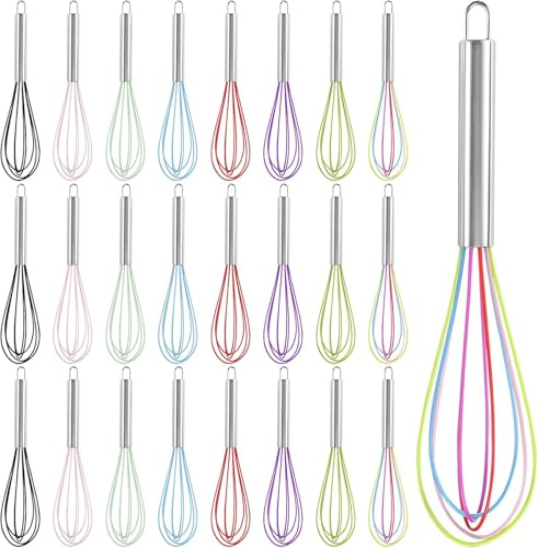 24 Pcs Silicone Whisks, Rainbow Whisk Non Stick Hand Whisk Kitchen Whisks Manual Egg Beater Metal Heat Resistant Egg Beater Bulk for Mixing Cooking Baking (25 cm)