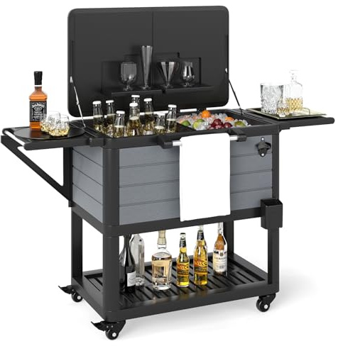 COSTWAY Kylvagn, dryckesvagn med 2 sidohyllor, flasköppnare, nedre hylla, handdukshållare, mössfångare, serveringsvagn, sidovagn, kylbox, dryckeskylare, glassvagn för fest, BBQ