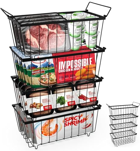 4-Pack Stackable Chest Freezer Baskets Organiser for 198L Fridges (37cm L x 18cm W x 15cm H)-Chest Freezer Basket with Folding Handle -Storage Bins for Kitchen, Freezer, Pantry, Cabinet, and Closet