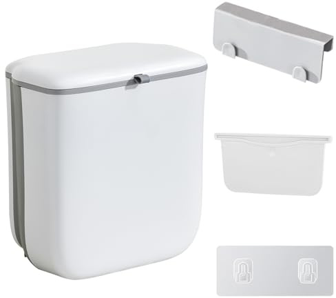 Carreuty Foldable Hanging Kitchen Bin with Lid, 10L Rubbish Compost Bin Food Waste Bin for Under Sink Counter Top Cupboard Campervan Caravan Car Bedroom Bathroom Toilet Office (2.4 Gallon)