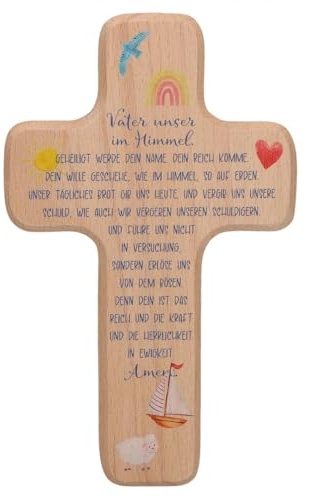 Butzon & Bercker Kinderkreuz 'Vater unser' in Geschenkverpackung zum aufhängen, Buche 11x18cm – Christliches Geschenk für Jungen und Mädchen – für Taufe, Geburt, Kommunion