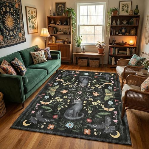 GarveeHome 5x7 Cat Area Rug Black Washable Rugs for Living Room Bedroom, Soft Mushroom Floral Low Pile Non Slip Floor Mat Animal Print Throw Rug Indoor Carpet for Dorm Playroom Gothic Decor