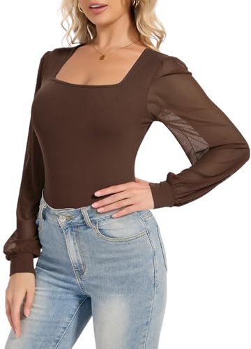 SHAPERIN Women Square Neck Bodysuit Long Lantern Sleeve Top Puff Sleeve Body Suit Elegant Blouse Tops, Brown, L