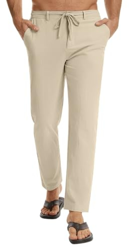 LVCBL Linen Pants Mens Summer Regular Fit Casual Solid Color Beach Trouser Khaki XL