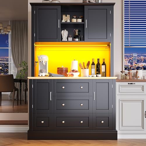 xixiworkshop Buffetschrank Hochschrank 115×40×180cm, Mehrzweckschrank, Moderner Wohnzimmerschrank mit 4 Türen / 5 Schubladen, Küchenvitrine, Aufbewahrungsschrank, Schwarz