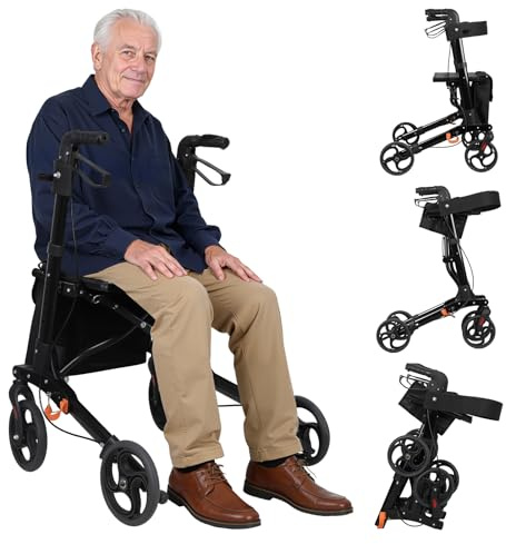 Labufiz Klappbarer Rollator mit Sitz und Rückenlehne, Gehhilfe für Senioren mit 8-Zoll Großrädern, Höhenverstellbar, 3-Modus-Bremssystem, Belastbar bis 150 kg für Innen und Außen Schwarz