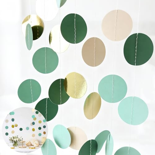 Guirnalda de Papel Redonda Dorada y Verde, 3 Piezas de 12 Metros, Banderines Reflectantes para Decoración de Bodas, Aniversarios y Fiestas Temáticas