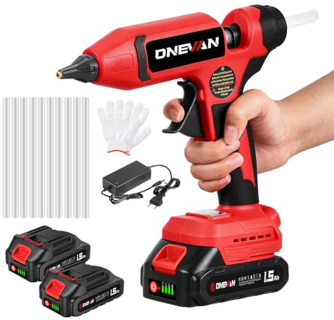 ONEVAN Pistola Silicona Caliente,80s Calentamiento Rápido,Sistema Antigoteo | 25g/min,boquilla cobre,Pantalla LCD,hasta 200°C, 2*1,5 Ah baterías (45min),10 barras, para bricolaje/reparaciones/decoración
