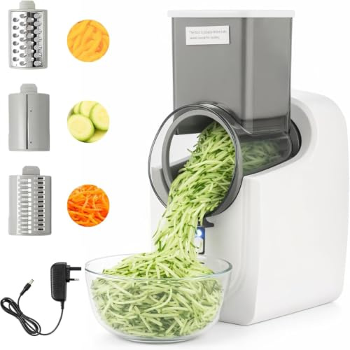 Electric Cheese Grater, Electric Salad Maker Rotary Grater, Vegetable Slicer & Shredder with 3 Interchangeable Stainless Steel Drums, Food Processor for Cheese, Cucumber, Carrot, Potato (White)
