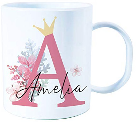 The Supreme Gift Company Personalised Floral Crown Kids Mug – BPA-Free Unbreakable Plastic Cup with Custom Name – Microwave & Dishwasher Safe Children’s Drink Mug