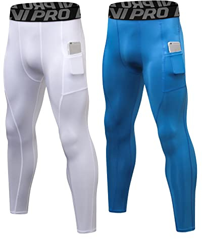 LNJLVI Sportleggings för män Base Layers Running Fitness Kompressionsbyxor, vit-blå, M