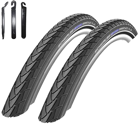 2 x Schwalbe Marathon Plus Unplattbar 28 Fahrradreifen mit Reflex in Schwarz 25-622 (28 x 1.00) inkl. 3 Reifenheber