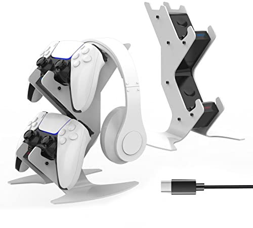 PS5 Controller Ladestation, PlayStation 5 Ladegerät 2 Std Schnelllade LED für Sony Dualsense Controller Konsole, PS5 Charger Zubehör mit Controller Headset Halterung, Type-C Kabel mit EU Netzteil