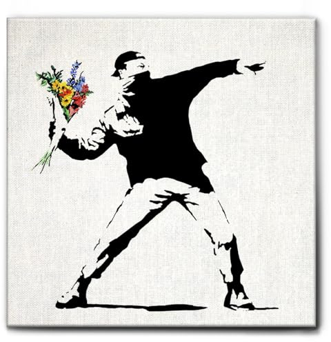 Giallobus - Cuadro - Banksy - Jarra de flores - Lienzo con marco estándar - 70x70 - Listo para colgar - Cuadros modernos para el hogar