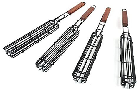 Kebab-Grillkorb, 4er-Set, Edelstahl-Kabob-BBQ-Grillbox-Werkzeug mit abschließbarem Rost und Holzgriff, BBQ-Grillzubehör für Gemüse, Garnelen, Fleisch