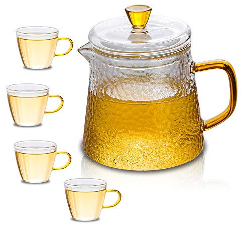 Sets de té de vidrio Juego de tetera - Juego de té for adultos - juego de té pequeño moderno con infusor extraíble y 4 tazas de té transparentes - juegos de té de hoja suelta de flores florecientes fo