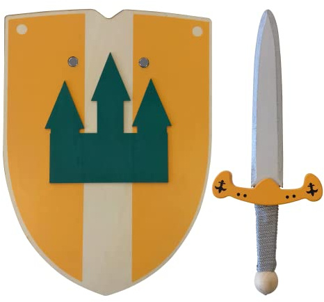 GERILEO Spada e Scudo da Cavaliere in Legno Fatti a Mano - Giocattolo per Bambini, Bambino e Bambina - Complimento Giochi, Giochi Imitazione, Costume, Medievale, Guerriero, Medioevo (30 cm, Giallo)