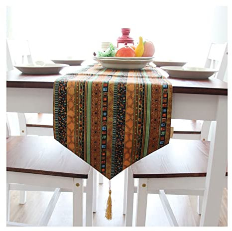 Lieson Tischläufer Dekostoff, Abwaschbar Tischläufer Leinen Baumwolle Weihnachten Tischläufer Wohnzimmertisch Vintage Gestreift mit Quasten Gold 30x160CM