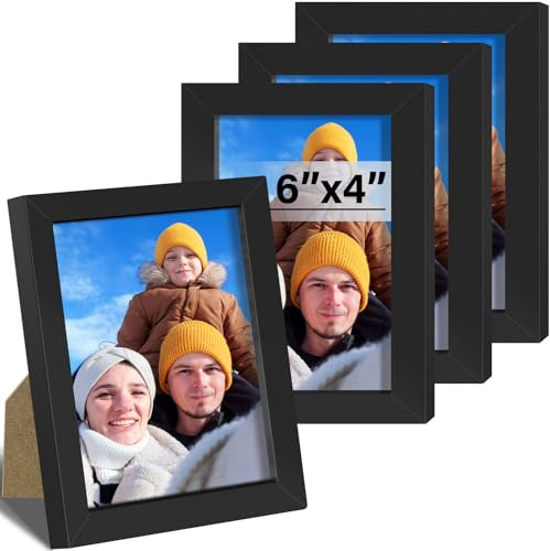 XHDA 4er Set 10x15cm Bilderrahmen Schwarz, Schwarzer Fotorahmen für Wand oder Tischdisplays Fotos, Kinderzeichnung, 4 Stück