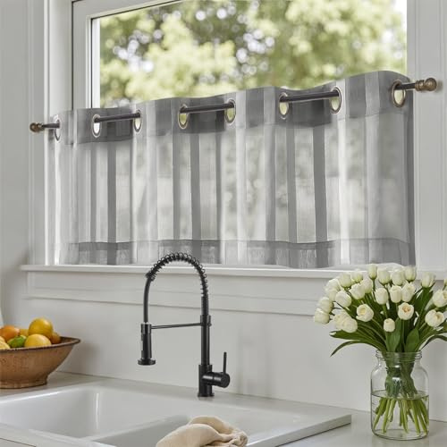 TOPICK Grå sheer bistrogadin med öljetter transparent fönstergardiner ränder voile köksgardin i lantlig stil randiga köksgardiner för kök små fönsterdekor 130 x 35 cm 1 st