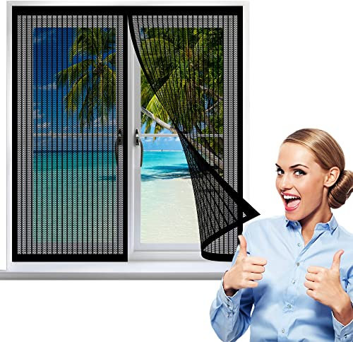 Fliegengitter Fenster 85 x 115 cm, Insektenschutz Polyester Atmungsaktiver Masche, Auto Schließen Magnetische Adsorption für Alle Fenster, Schwarz