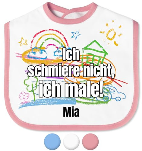 Baby Lätzchen „Ich schmiere nicht, ich male!“ mit Namen personalisiert für Mädchen & Jungen - mit Klettverschluss – Spucktuch Latz Kinderlätzchen – Baby-Geschenke Taufgeschenke (Saum Rosa)