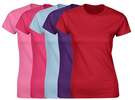 COOZO Damen 5er-Pack Kurzarm T-Shirts - Azalee/Heliconia/Hellblau/Lila/Rot - M