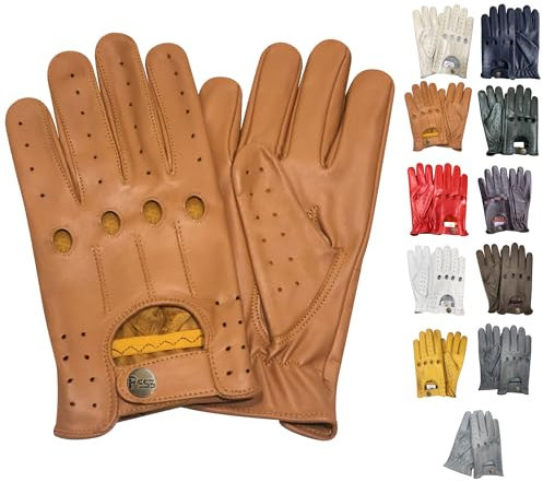 PSS Lederhandschuhe Autofahren Herren Männer Fahrer Lenkrad Chauffeur Handschuhe echtes Leder Autohandschuhe mit Loch Atmungsaktive ohne Futter Sommer Winter, Ref 507, Kamel Größe S