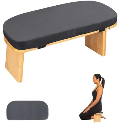 FelizMax Meditation Bench with Cushion Foldable Ergonomic Bamboo Kneeling Stool Seiza Bench Wooden Meditation Stool Chair Zen Lotus Yoga Stool Floor Sitting Prayer Bench Removable Pillow-Dark Grey