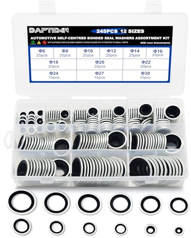 Daptemn 245PCS Bonded Sealing Washers, NBR Metric Zinc-Plated Steel Self-Centred Sealing Rubber Washers, Automotive Seal Gasket Crush O-Ring Assortment Kit Set, Includes Sizes of M6-M30