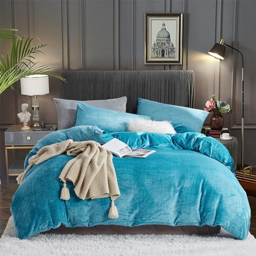 YASMENG Fluffy Velvet Duvet Cover Set Turquoise Blue Queen Size Fall Winter Soft Warm Flannel Comforter Cover Aqua 90 x 90 Luxury Cozy Plush Fleece Full Reversible Bedding Duvet Cover Set 3pcs