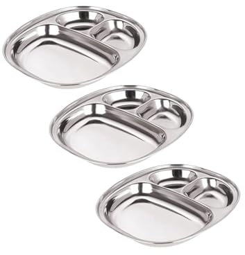 Satre Online and Marketing Stainless Steel Oval Shape 3 Compartment Lunch/Dinner Plate Set 3, Steel Thali, Lunch/Dinner Plate Set, Thali Set 3 (3 Pcs)